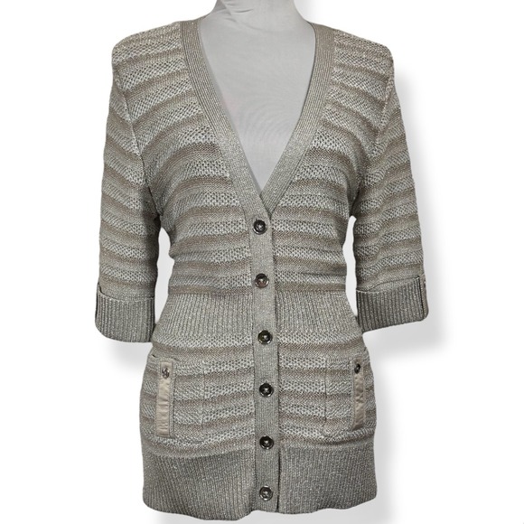 NEW WHBM Metallic Cardigan Sweater Large Chunky Knit‎ White House Black Market - Picture 1 of 16